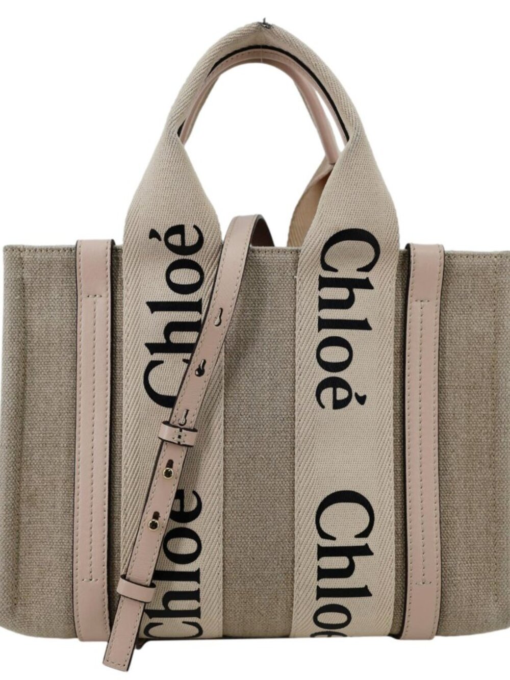 Chloe Woody Small Canvas Linen Canvas Tote Bag Off White
